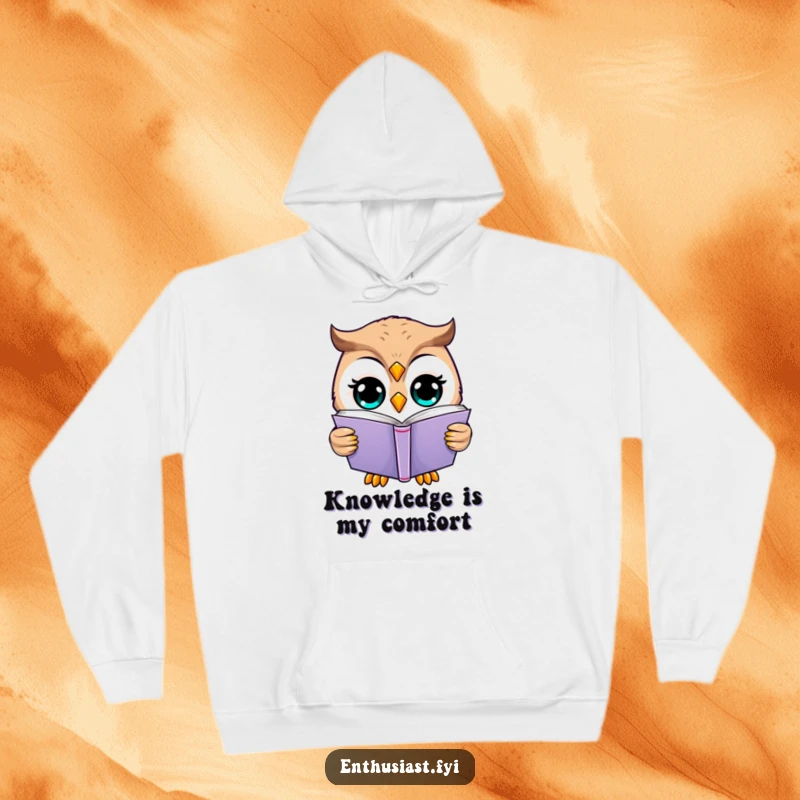 Funny owl hoodie depicting a happy owl deeply engrossed in reading a thick book. Comical.
