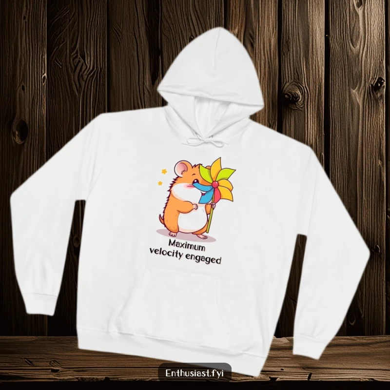 Funny cozy hamster hoodie features an energetic hamster spinning a bright pinwheel, offering warmth and a cheerful, playful vibe.