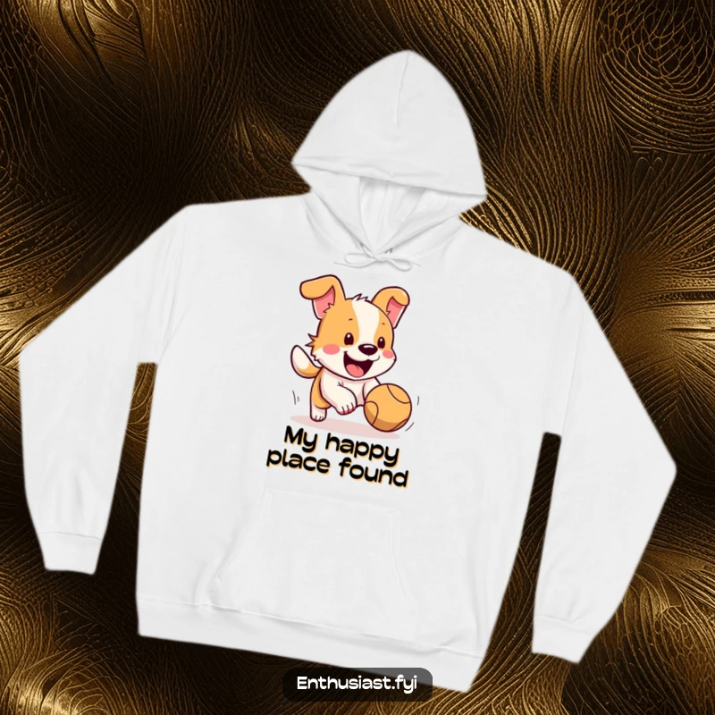 Funny dog hoodie featuring a happy dog with its tail wagging furiously, excitedly chasing a bouncing ball, perfect for dog lovers.
