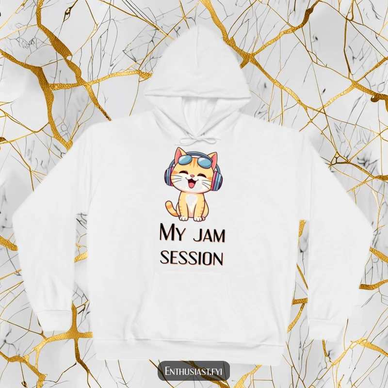 Funny Hoodie: Cheerful cat wearing oversized headphones, bobbing head to music, embodying cool vibes.