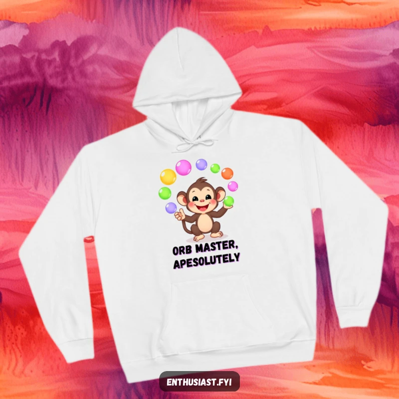Funny hoodie featuring a happy monkey juggling colorful, glowing orbs, perfect for cozying up with a touch of playful fun.