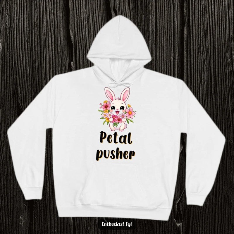 Funny hoodie showcasing a delighted rabbit character holding a lush bouquet of flowers, looking pleased and bringing a sense of cozy happiness.