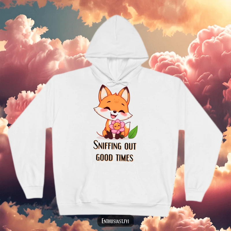 Funny hoodie showcasing a happy fox with a big grin, excitedly sniffing a colorful flower, perfect for cozy, humorous relaxation.