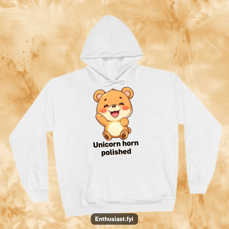 Funny bear hoodie featuring a joyful bear with a wide grin, holding a radiant, imaginary glowing object, offering warmth and fun.