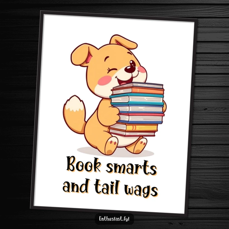 Funny Free Printable Wall Art: Excited dog character with a massive stack of books, wagging tail happily.