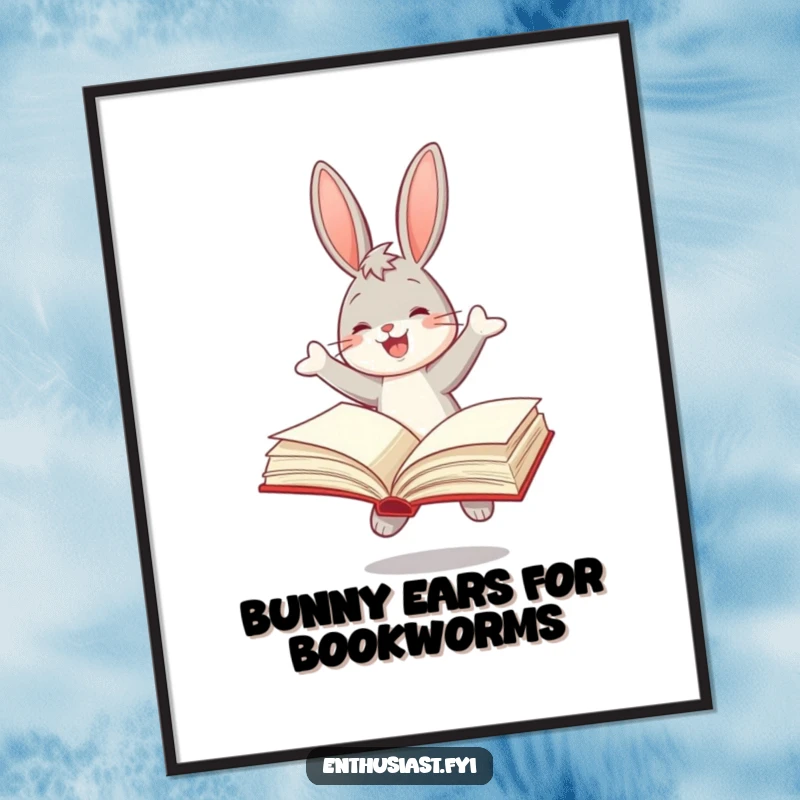 Funny Free Printable Wall Art: A joyful bunny bounces excitedly, absorbed in reading a large, open book.