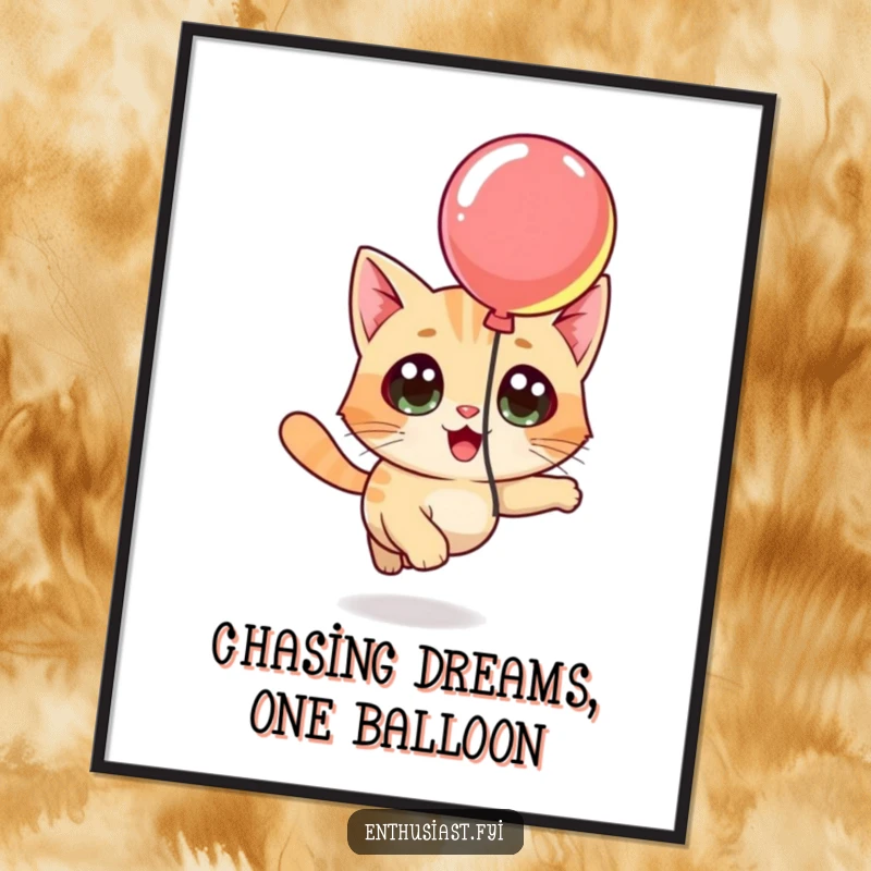Funny Free Printable Wall Art depicting a curious cat with wide eyes chasing a vibrant, floating balloon.