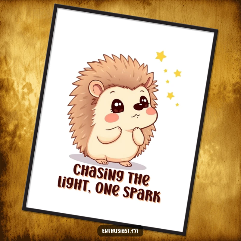Funny Free Printable Wall Art depicts a thoughtful hedgehog with wide eyes watching a mesmerizing display of twinkling fireflies.