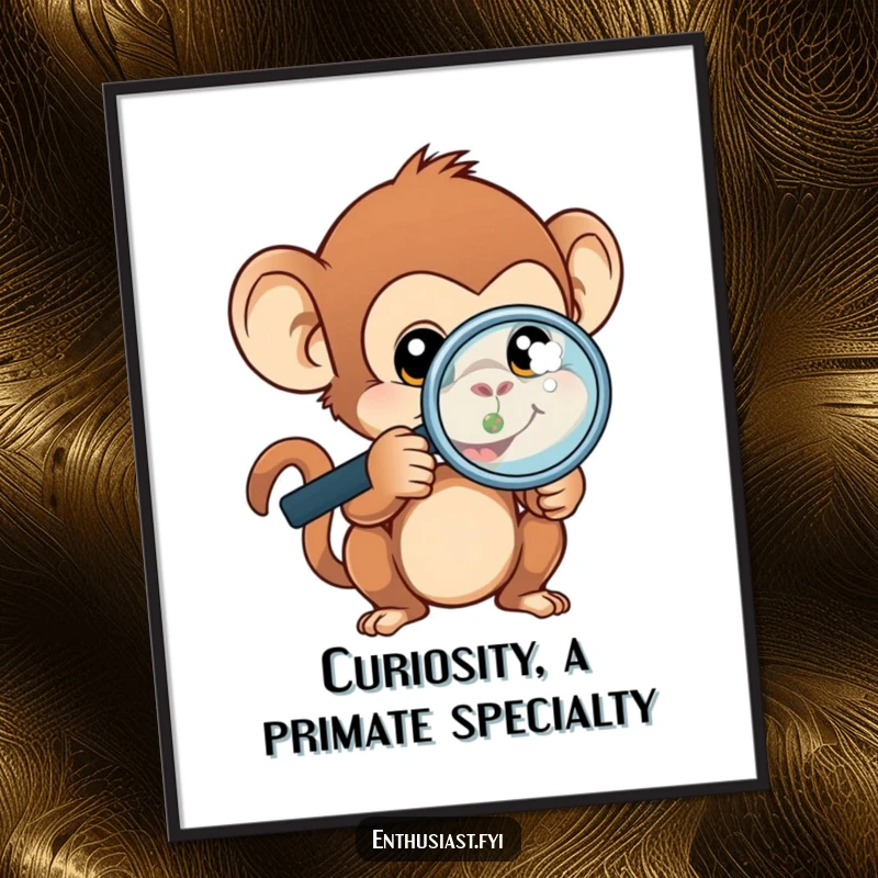 Funny Free Printable Wall Art: Curious monkey character wearing a magnifying glass examines a tiny, intricate object.