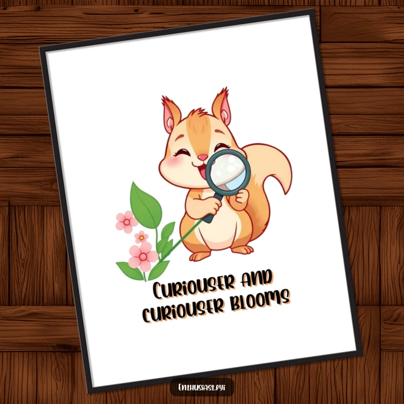 Funny Free Printable Wall Art: Joyful squirrel with a magnifying glass intently studying a flower, adding whimsy.