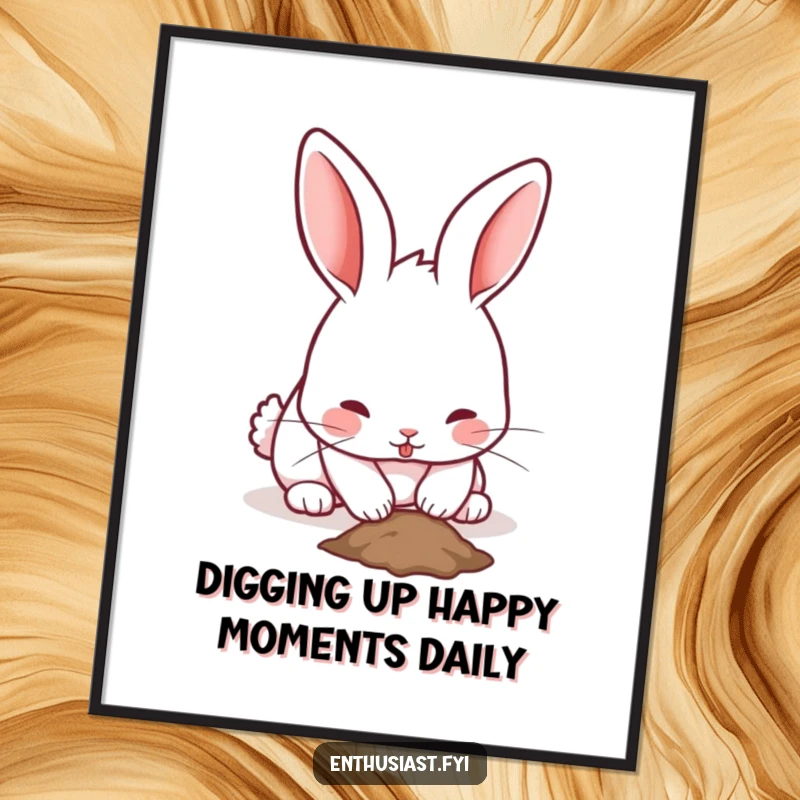Funny Free Printable Wall Art: A playful rabbit with twitching ears enthusiastically digging a small hole.