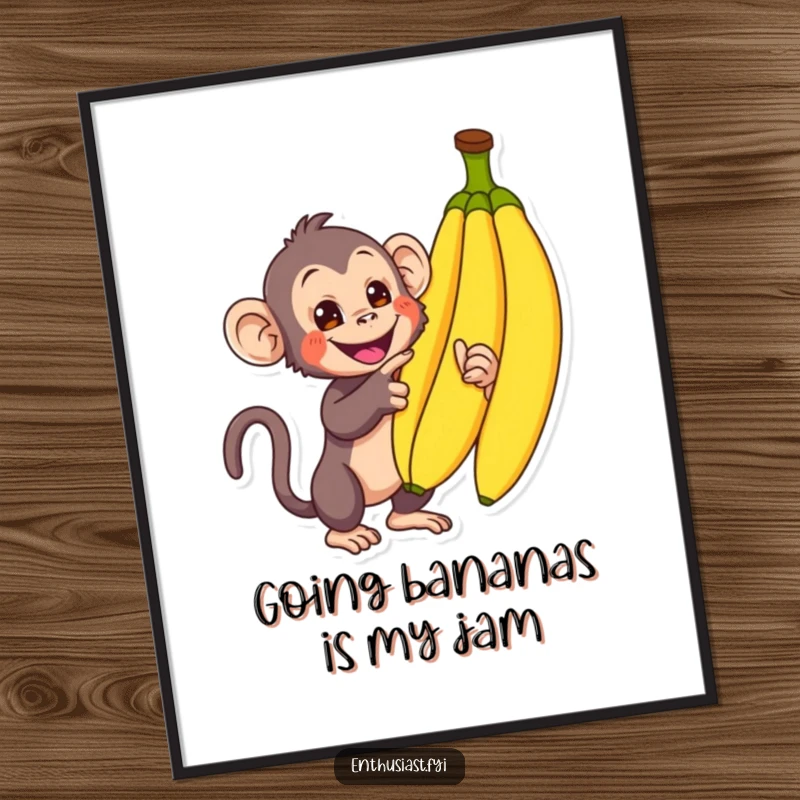 Funny free printable wall art of a curious monkey enthusiastically pointing at a large bunch of bananas, adding jungle fun.