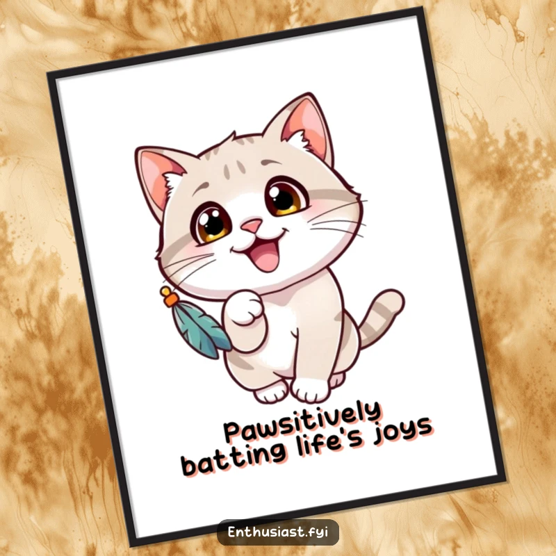 Funny Free Printable Wall Art: A cheerful cat with wide eyes gleefully batting at a dangling feathered toy.