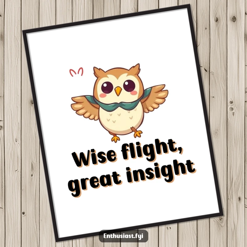 Funny Free Printable Wall Art: Triumphant owl wearing a cape flying with great enthusiasm, inspiring awe.