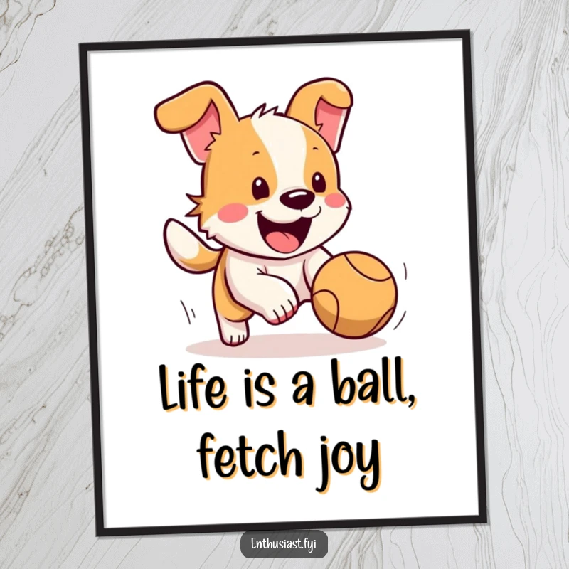 Funny Free Printable Wall Art: A happy dog with tail wagging furiously chases a bouncing ball.