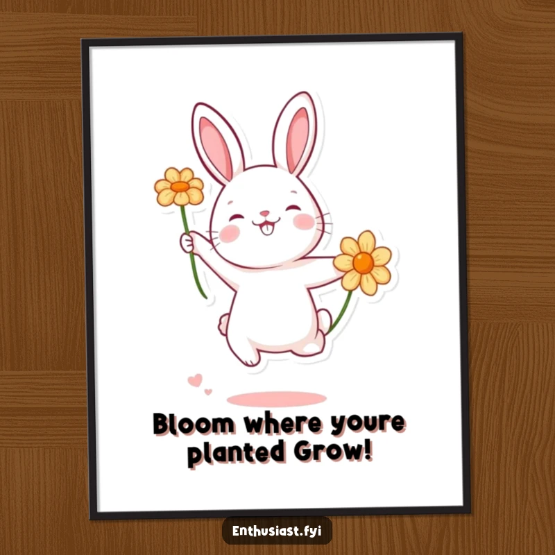 Funny Free Printable Wall Art: A joyful rabbit character mid-leap with a flower, bringing energetic and playful vibes.