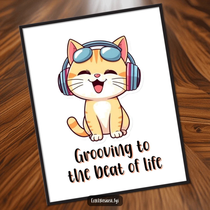 Funny Free Printable Wall Art: A cheerful cat with oversized headphones enthusiastically bobs its head to music.