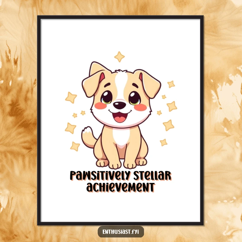 Funny Free Printable Wall Art: A happy dog with a furiously wagging tail, surrounded by twinkling stars.