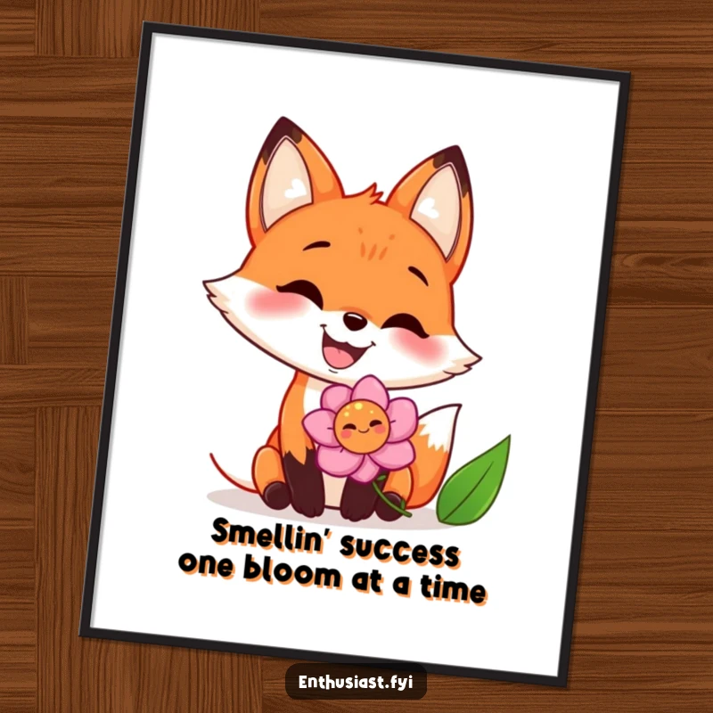 Funny Free Printable Wall Art captures a joyful fox with a massive grin deeply sniffing a large, vibrant flower.