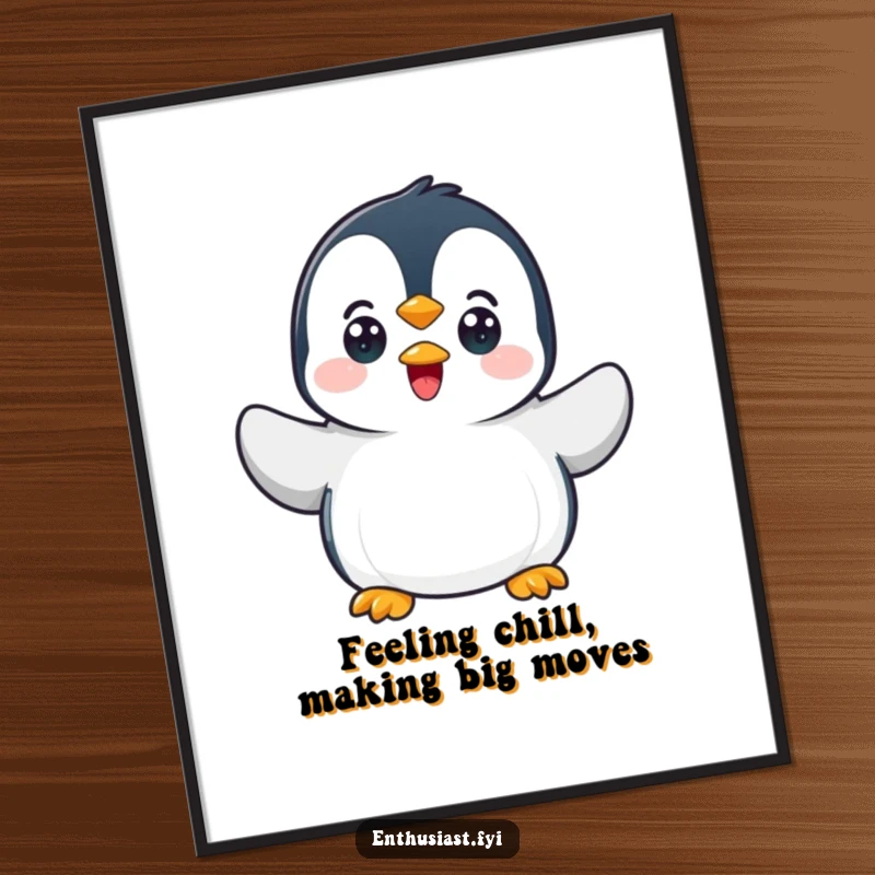 Funny Free Printable Wall Art: A delighted penguin character excitedly waving two flippers, bringing joy to the space.