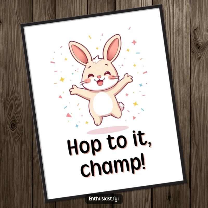 Funny Free Printable Wall Art: A cartoon rabbit gleefully jumping high amidst a shower of colorful, sparkling confetti.