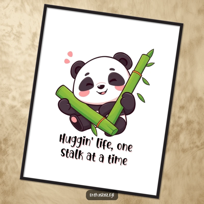 Funny Free Printable Wall Art depicts a proud panda with a happy sigh, enthusiastically hugging a thick bamboo stalk.