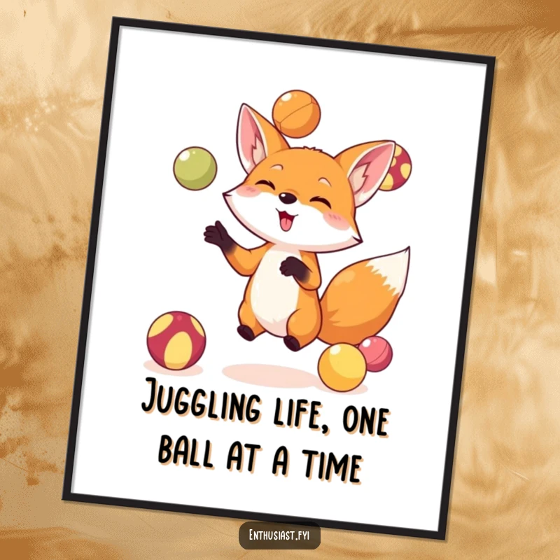 Funny Free Printable Wall Art: A whimsical fox artistically juggles colorful spheres, adding dynamic energy to your decor.