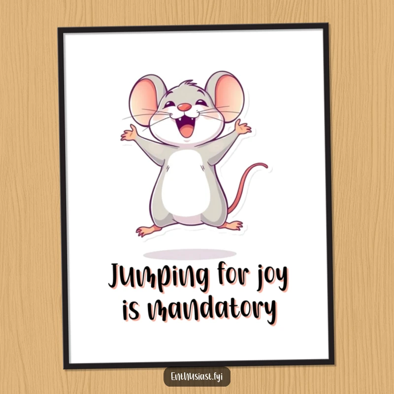 Funny Free Printable Wall Art: Delighted mouse caught mid-jump with pure excitement, adding a playful touch to your decor.