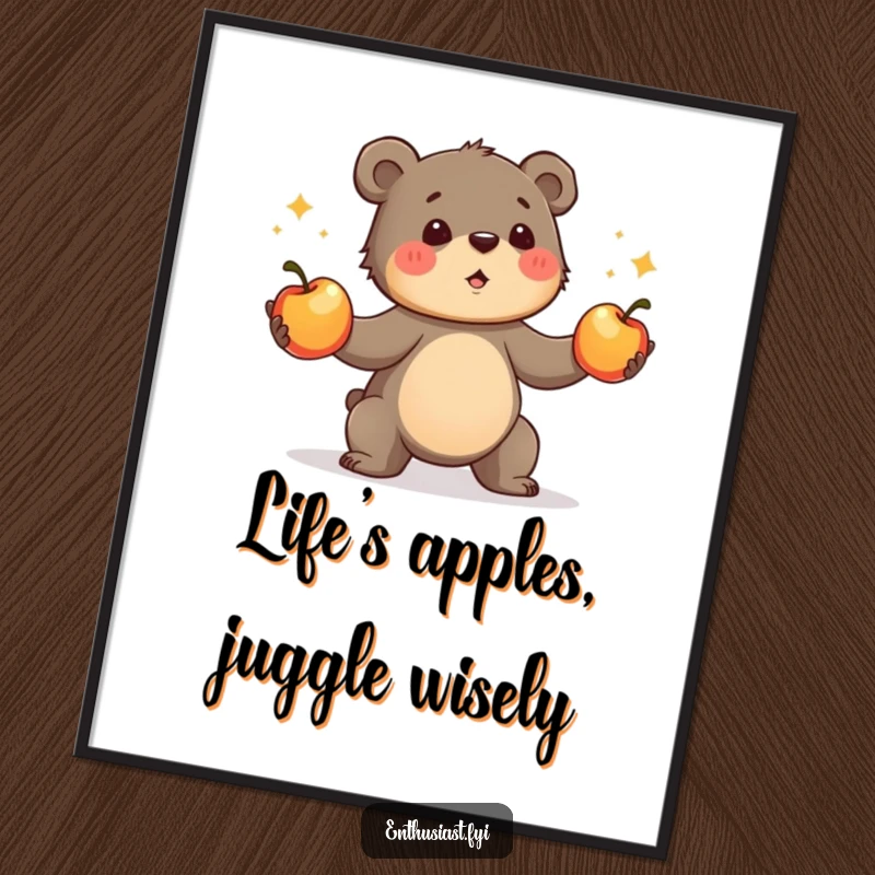 Funny Free Printable Wall Art of a determined bear cub skillfully juggling three shiny apples, a charming DIY downloadable piece.