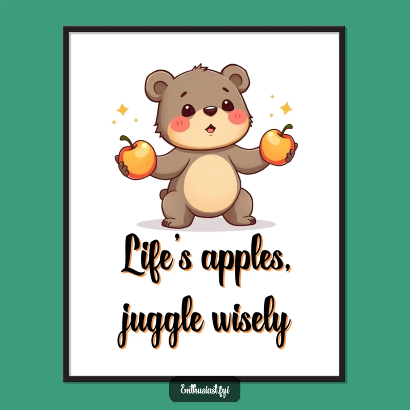 Free Printable Wall Art: Bear Cub Juggling Apples, Whimsical Downloadable Decor