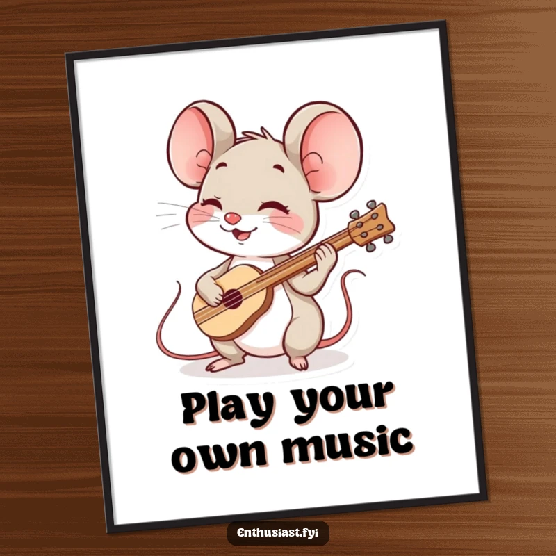 Funny Free Printable Wall Art of a spirited mouse energetically playing a tiny, cheerful instrument, radiating happiness.