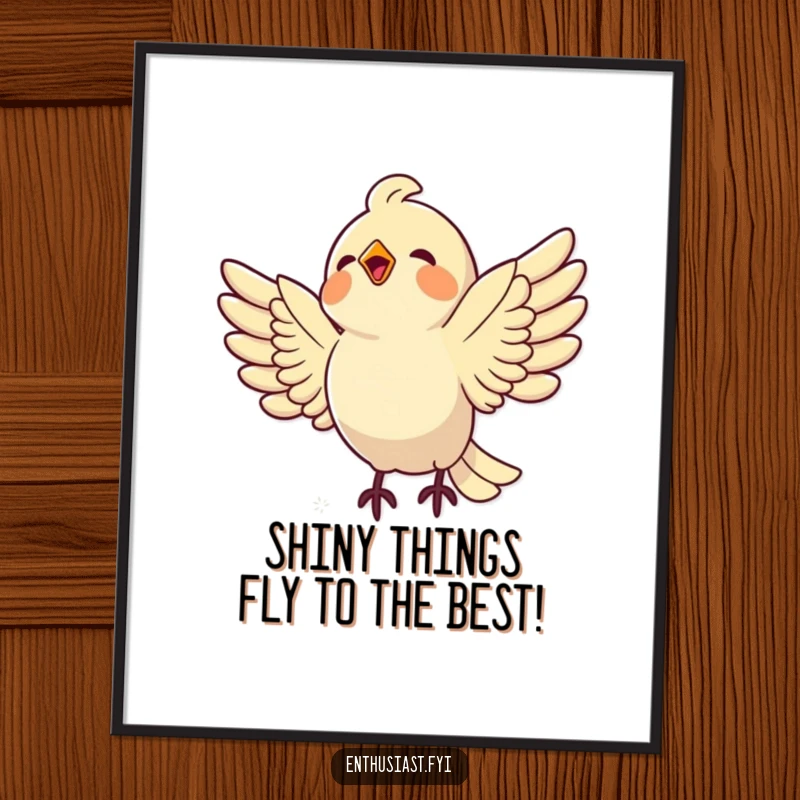 Funny Free Printable Wall Art: A delighted bird with wings spread, dynamically swooping down towards a captivating shiny object.