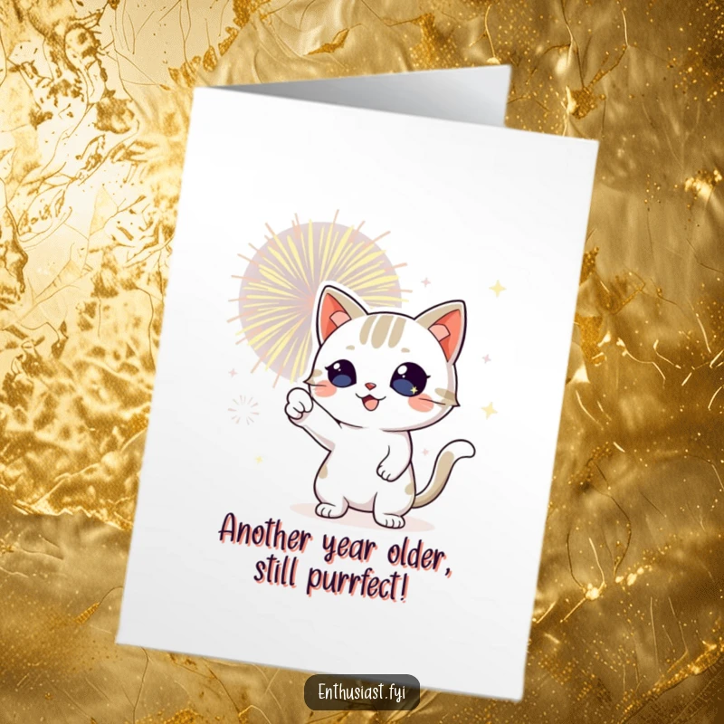 Funny Free Printable Birthday Card: Playful cat with sparkling eyes pointing at bursting fireworks, excited.