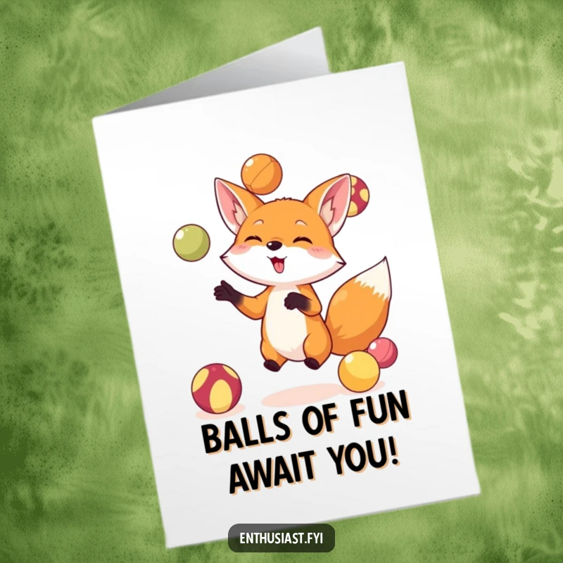 Funny Free Printable Birthday Card: A small fox joyfully juggles colorful balls, radiating pure excitement for the celebration.