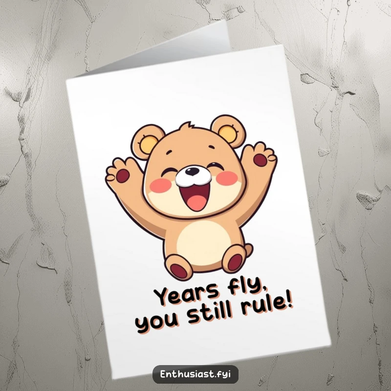 Funny Free Printable Bear Birthday Card: A delighted bear cheering enthusiastically with paws raised, sporting a huge, infectious smile.