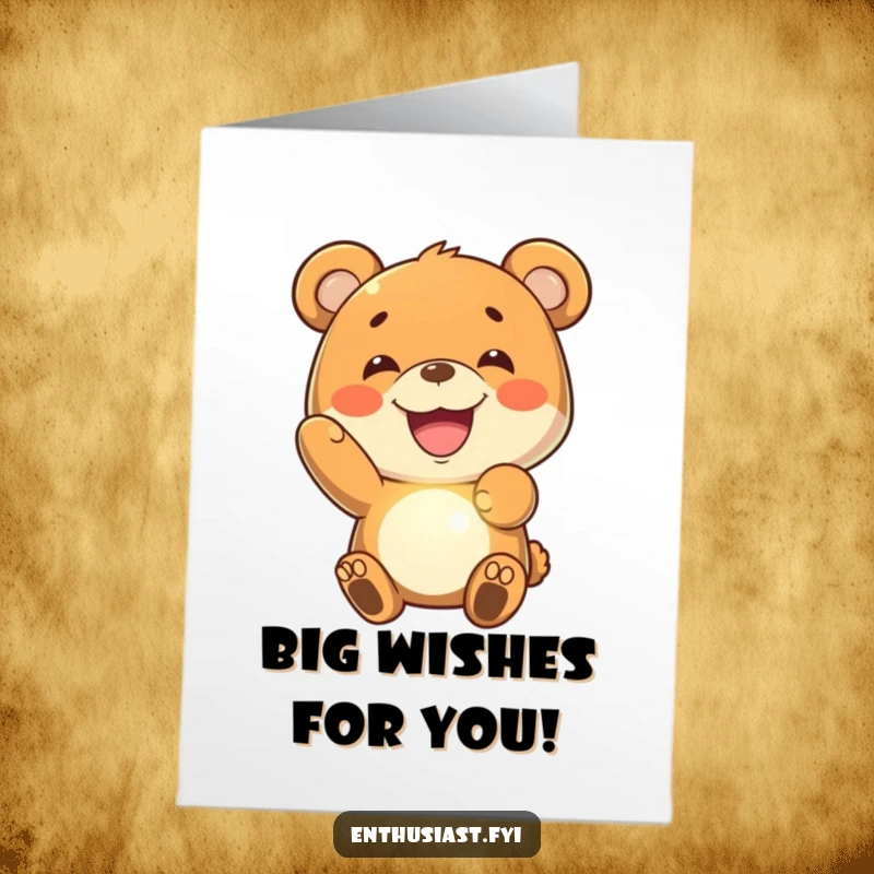 Funny Free Printable Birthday Card: A joyful bear with a wide grin holds up a glowing, imaginary object.