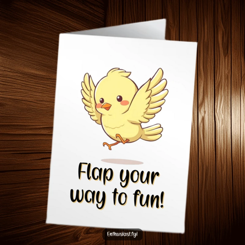 Funny Free Printable Birthday Card: Energetic bird character joyfully flapping wings, ready to party and celebrate.