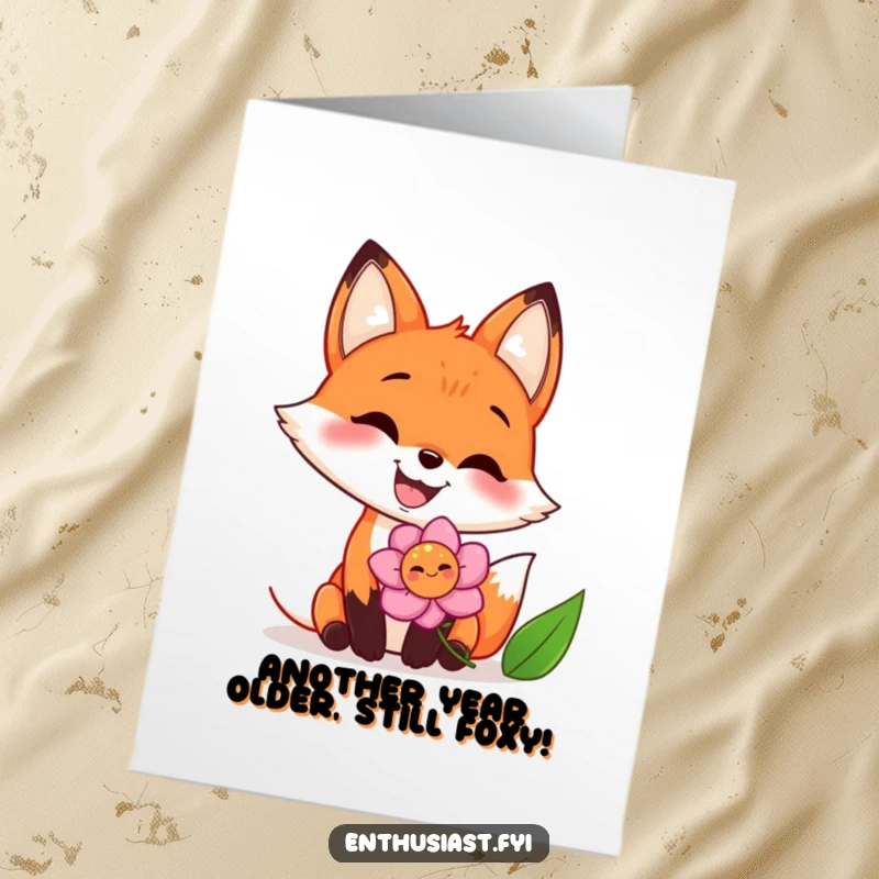 Funny Free Printable Birthday Card featuring a grinning fox joyfully sniffing a bright, colorful flower with pure delight.