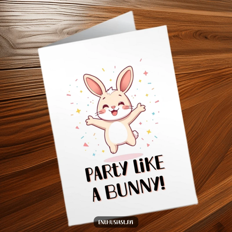 Funny Free Printable Birthday Card: A delighted cartoon rabbit in mid-air jump, showered in vibrant sparkling confetti.