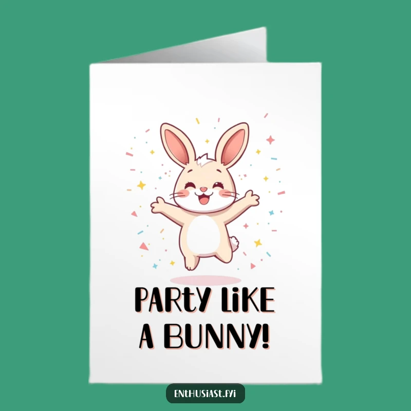 Free Printable Birthday Card: Joyful Rabbit Leaping with Confetti Fun Downloadable Gift