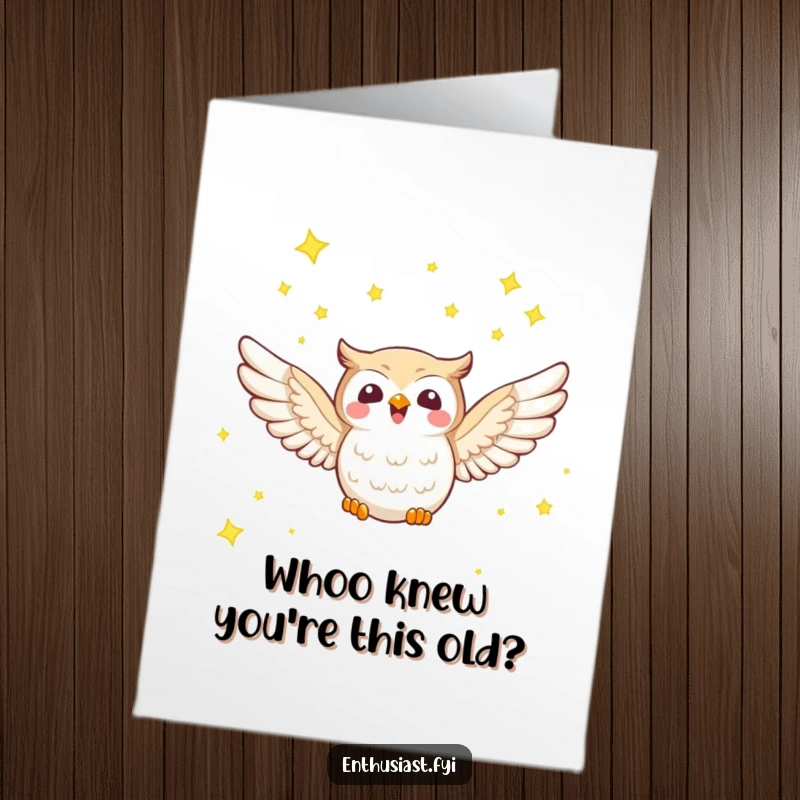 Funny Free Printable Birthday Card: A joyful owl with wings spread soars through a starry sky.