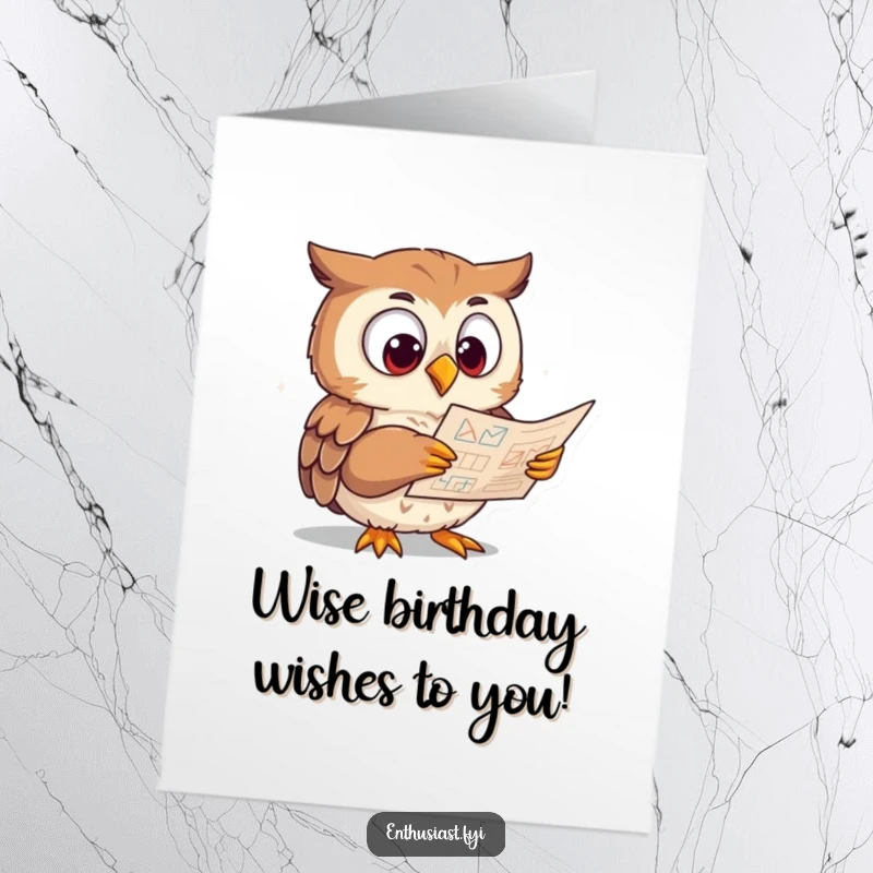 Funny Free Printable Birthday Card featuring an eager owl character intently studying a complex diagram with wide, curious eyes, DIY gift.