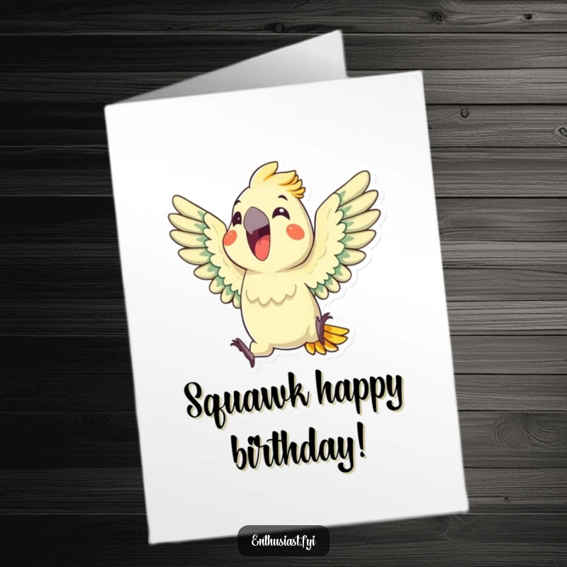 Funny free printable birthday card featuring a delighted parrot squawking loudly with colorful wings outstretched, celebrating joyfully.