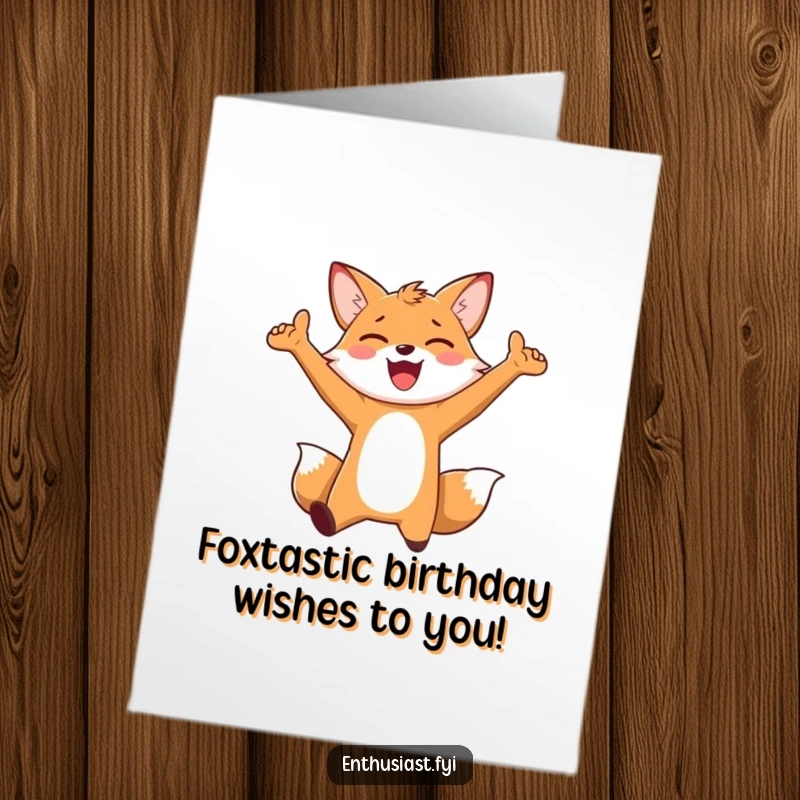Funny Free Printable Birthday Card of an enthusiastic fox character jumping for joy with arms outstretched, celebrating a special day.