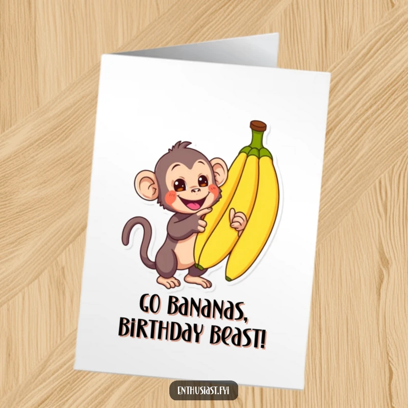 Funny free printable birthday card featuring a curious monkey pointing gleefully at a big bunch of bananas, celebrating.