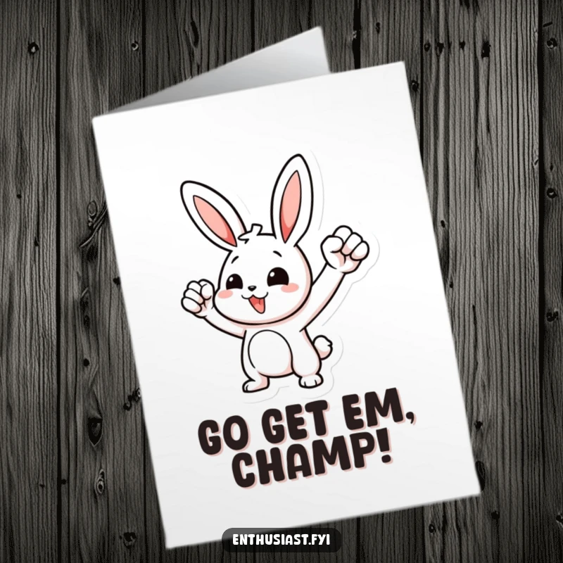 Funny Free Printable Birthday Card: Motivated rabbit pumping fist, cheering loudly for the birthday person.