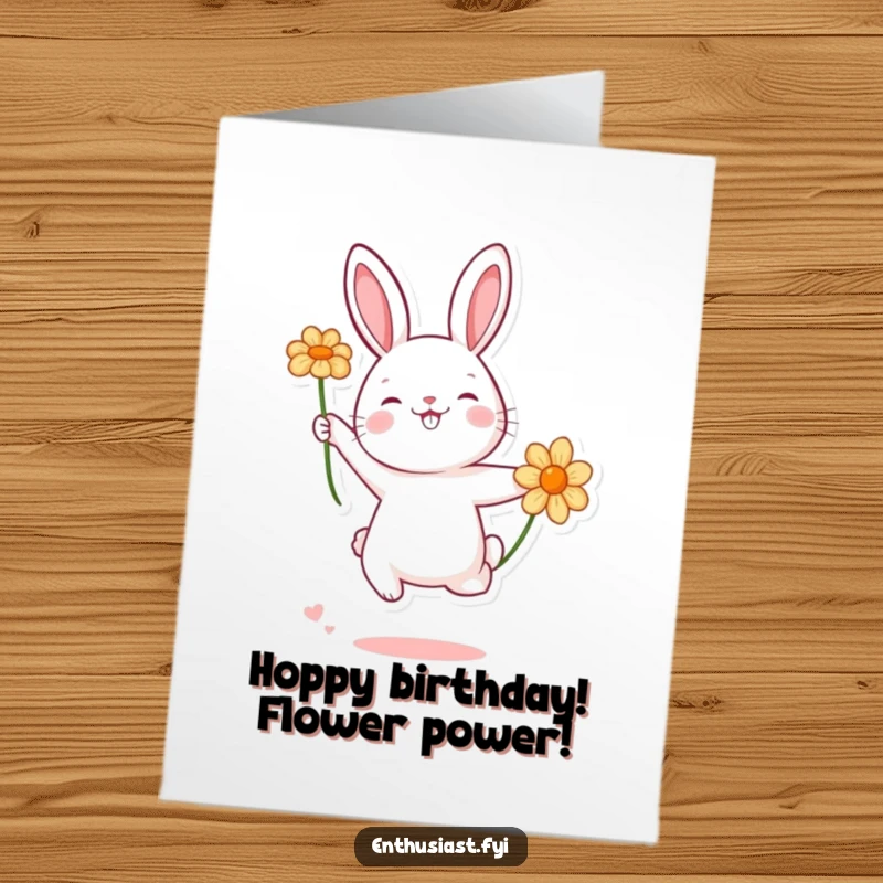 Funny Free Printable Birthday Card: Playful rabbit leaping with a flower, radiating pure birthday excitement and joy.