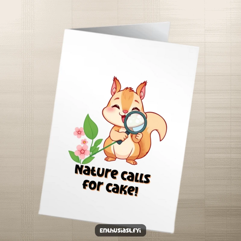 Funny Free Printable Birthday Card: Joyful squirrel with magnifying glass looking at a flower, celebrating a special day.