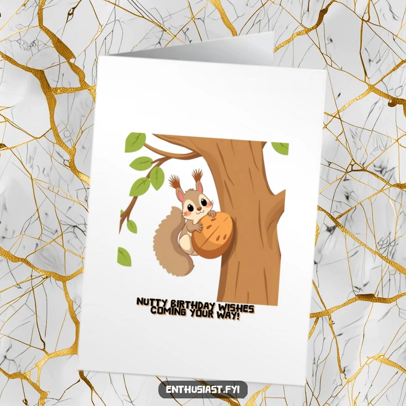 Funny Free Printable Birthday Card: Curious squirrel excitedly eyes a massive nut in a tree, ready for a nutty celebration.