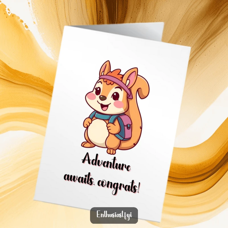 Funny Free Printable Congratulations Card: A cheerful squirrel with a backpack is poised, ready for a grand adventure.